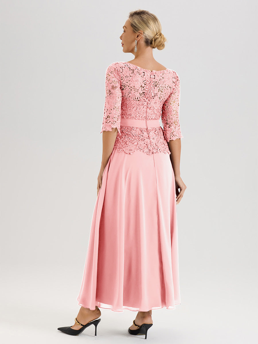 Cicinia Robe Mère De La Mariée Rose Doux Longueur À La Cheville Col Rond Demi Manche En Mousseline Dentelle Trapèze