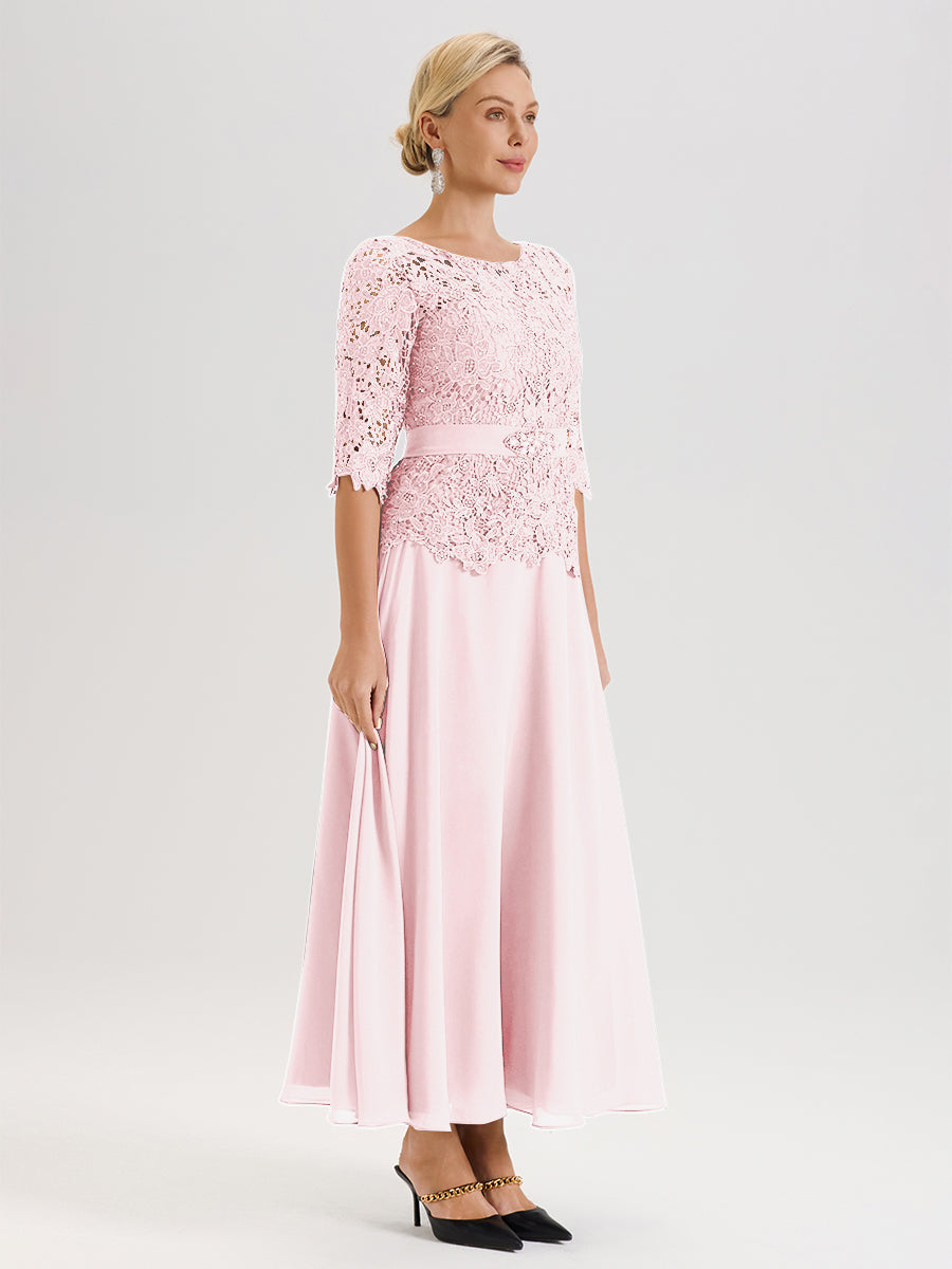 Cicinia Robe Mère De La Mariée Rose Pale Longueur À La Cheville Col Rond Demi Manche En Mousseline Dentelle Trapèze