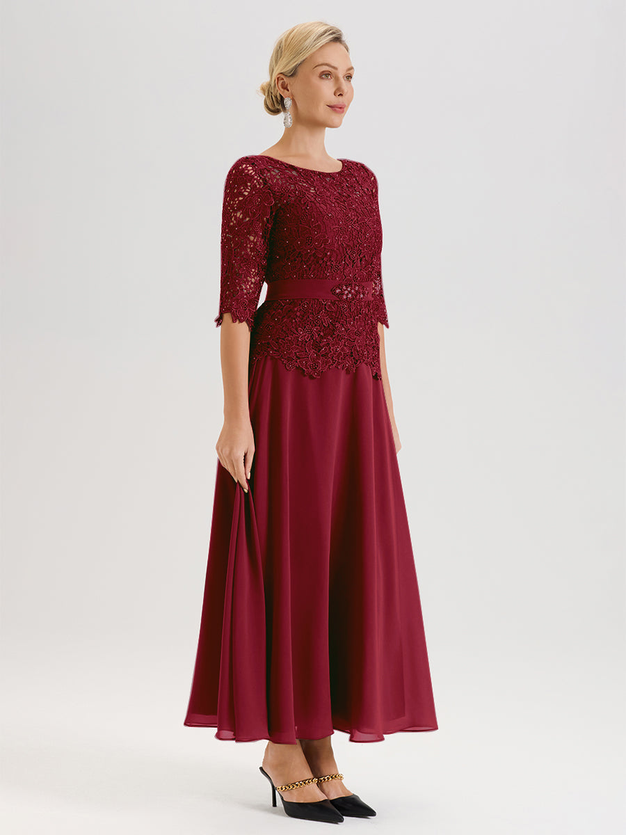 Cicinia Robe Mère De La Mariée Couleur Bordeaux Longueur À La Cheville Col Rond Demi Manche En Mousseline Dentelle Trapèze
