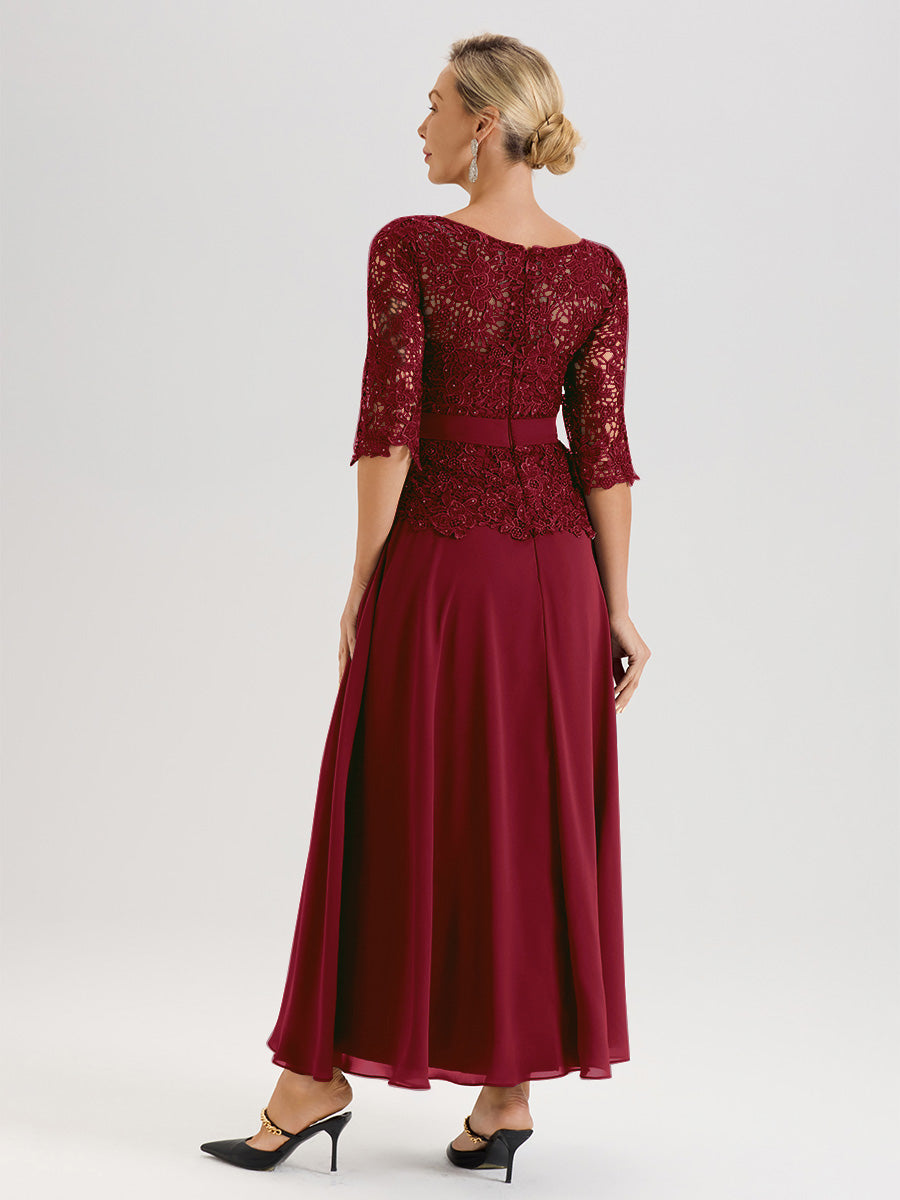 Cicinia Robe Mère De La Mariée Couleur Bordeaux Longueur À La Cheville Col Rond Demi Manche En Mousseline Dentelle Trapèze