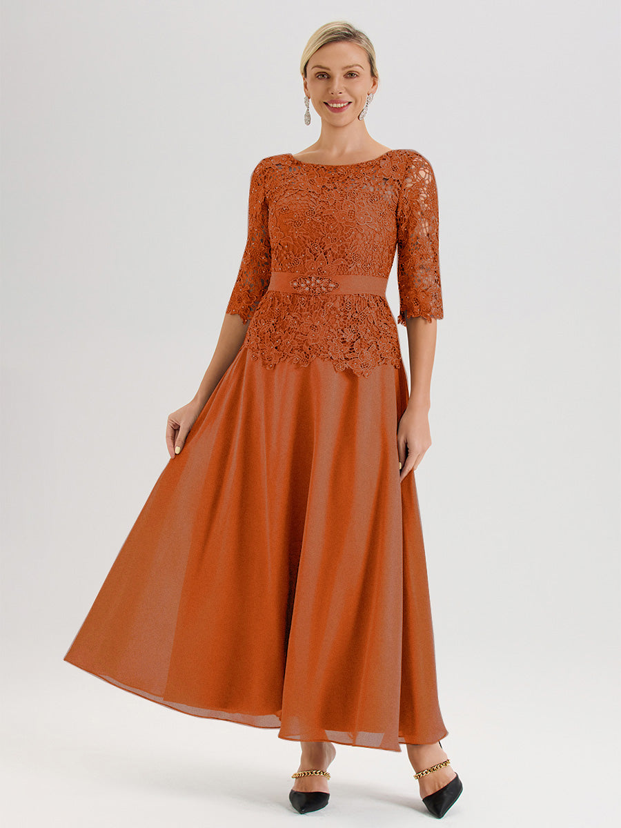Cicinia Robe Mère De La Mariée Orange Brûlé Longueur À La Cheville Col Rond Demi Manche En Mousseline Dentelle Trapèze