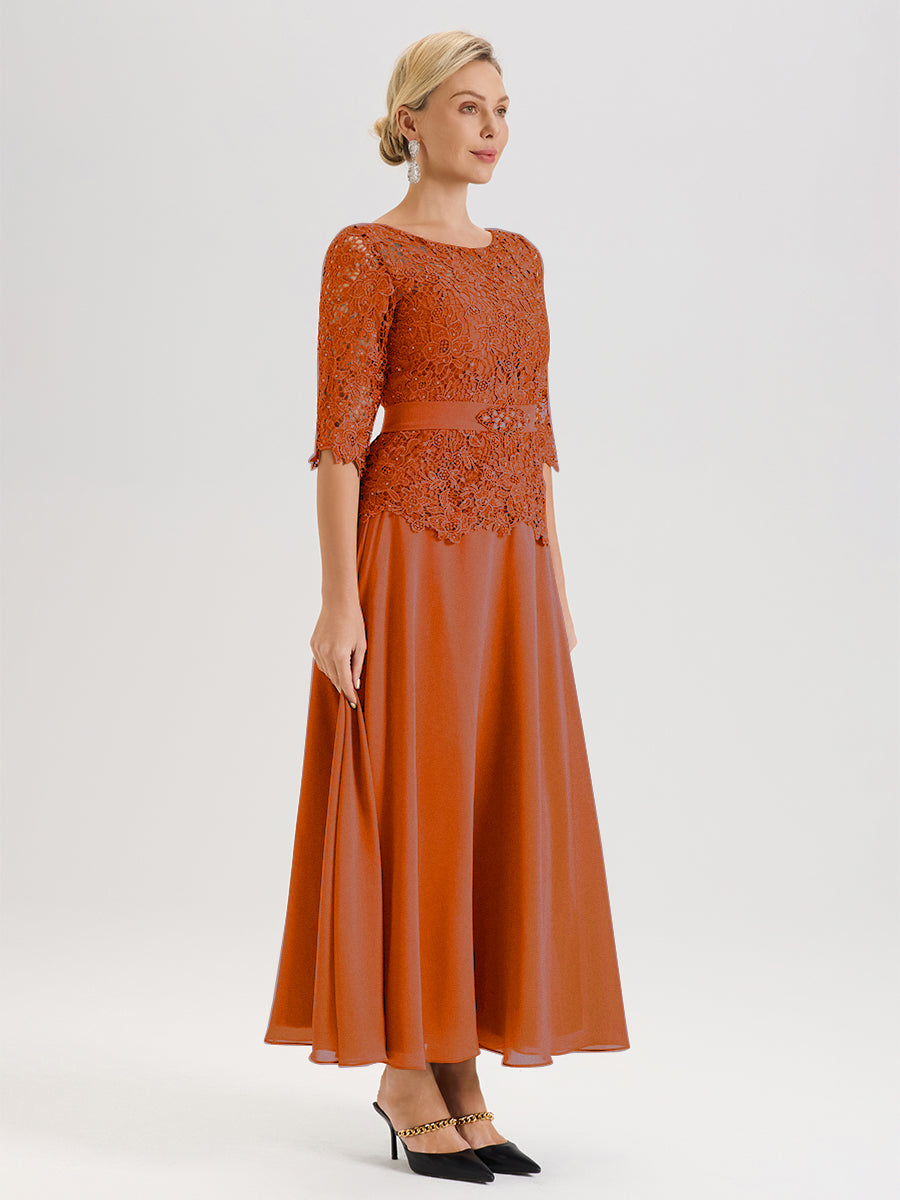 Cicinia Robe Mère De La Mariée Orange Brûlé Longueur À La Cheville Col Rond Demi Manche En Mousseline Dentelle Trapèze