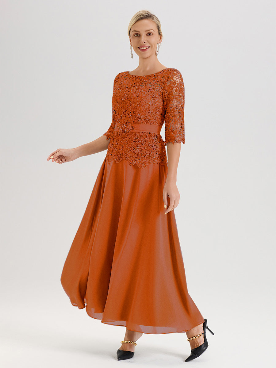 Cicinia Robe Mère De La Mariée Orange Brûlé Longueur À La Cheville Col Rond Demi Manche En Mousseline Dentelle Trapèze