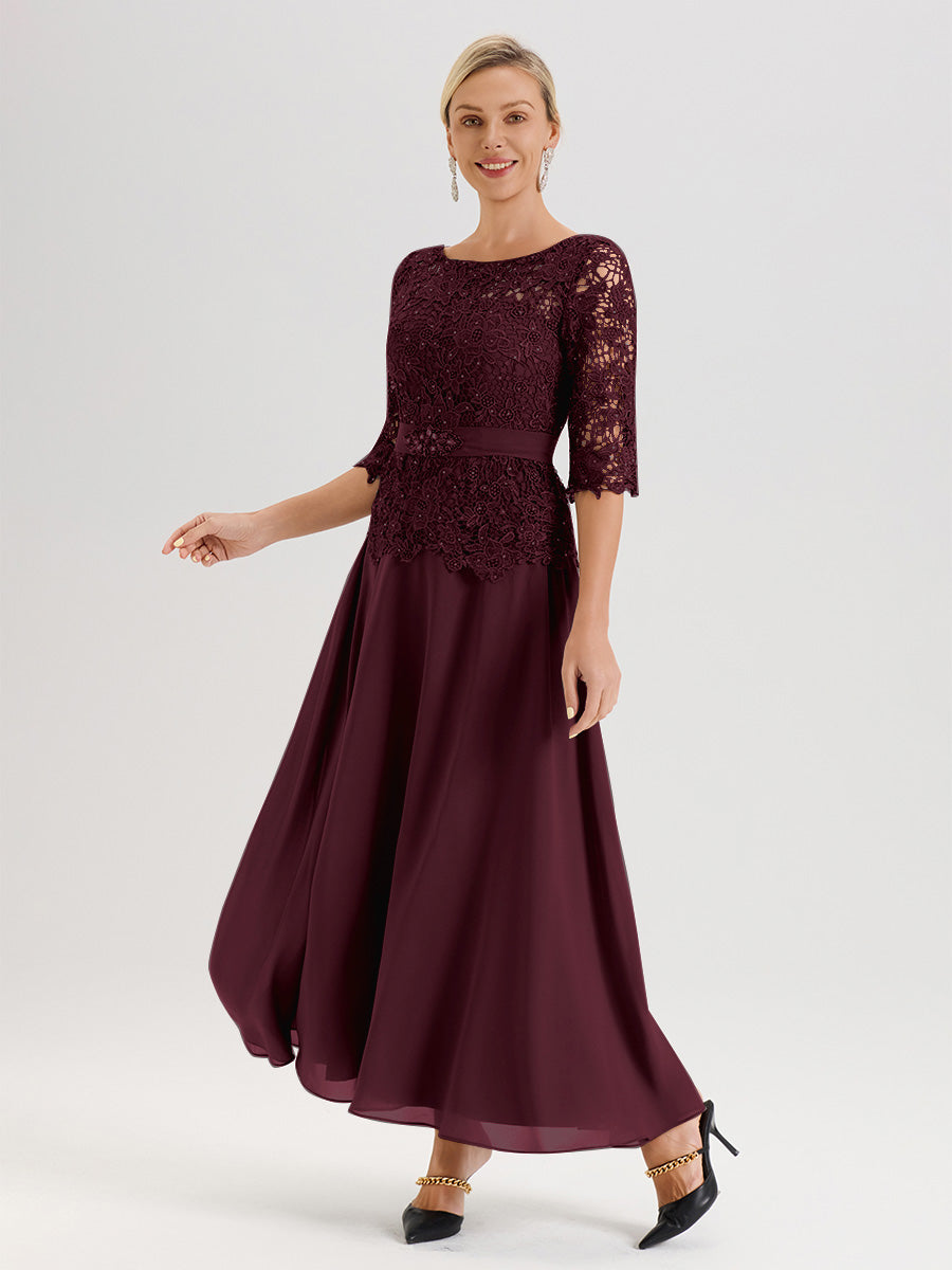 Cicinia Robe Mère De La Mariée Cabernet Longueur À La Cheville Col Rond Demi Manche En Mousseline Dentelle Trapèze