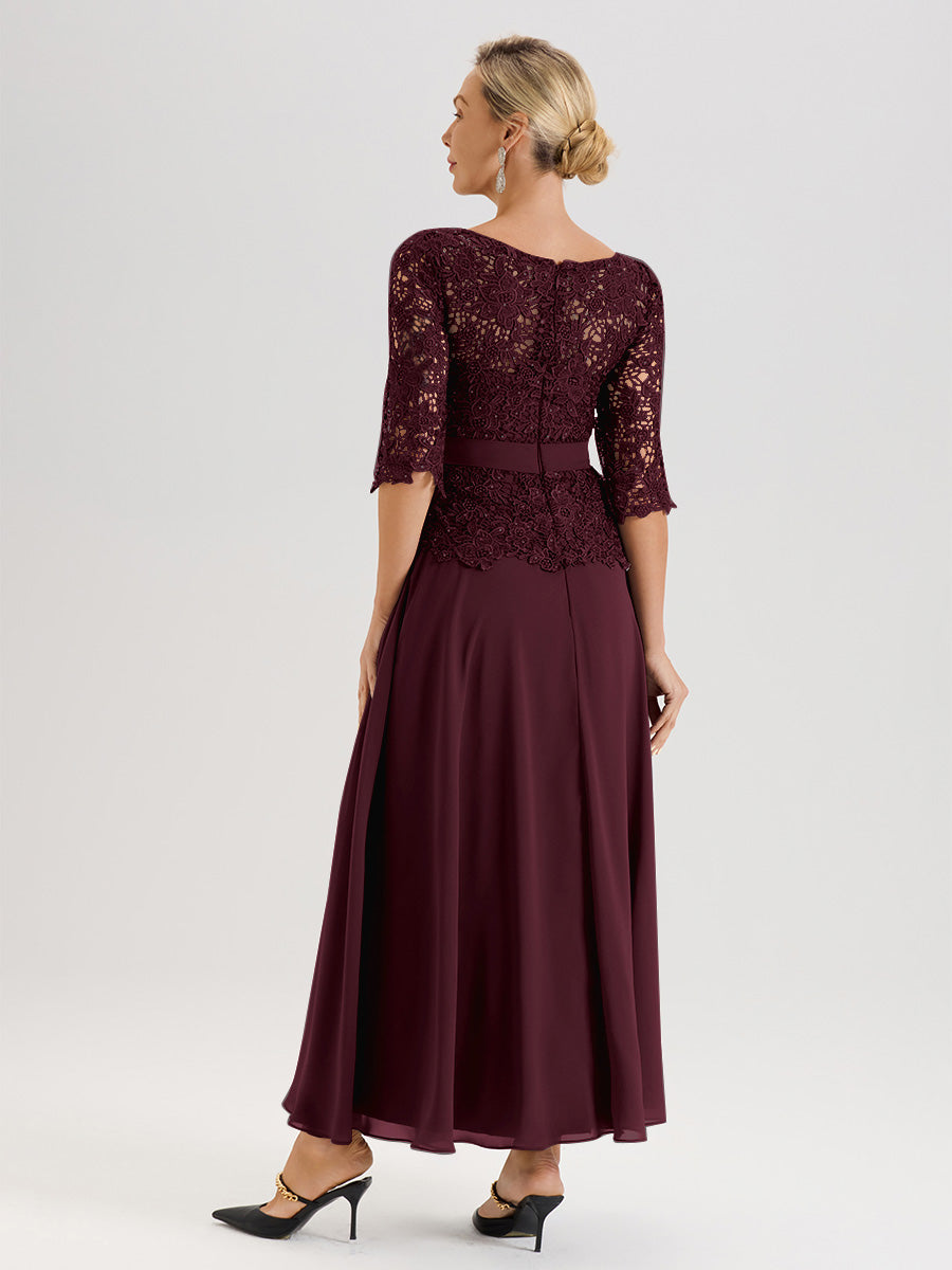 Cicinia Robe Mère De La Mariée Cabernet Longueur À La Cheville Col Rond Demi Manche En Mousseline Dentelle Trapèze