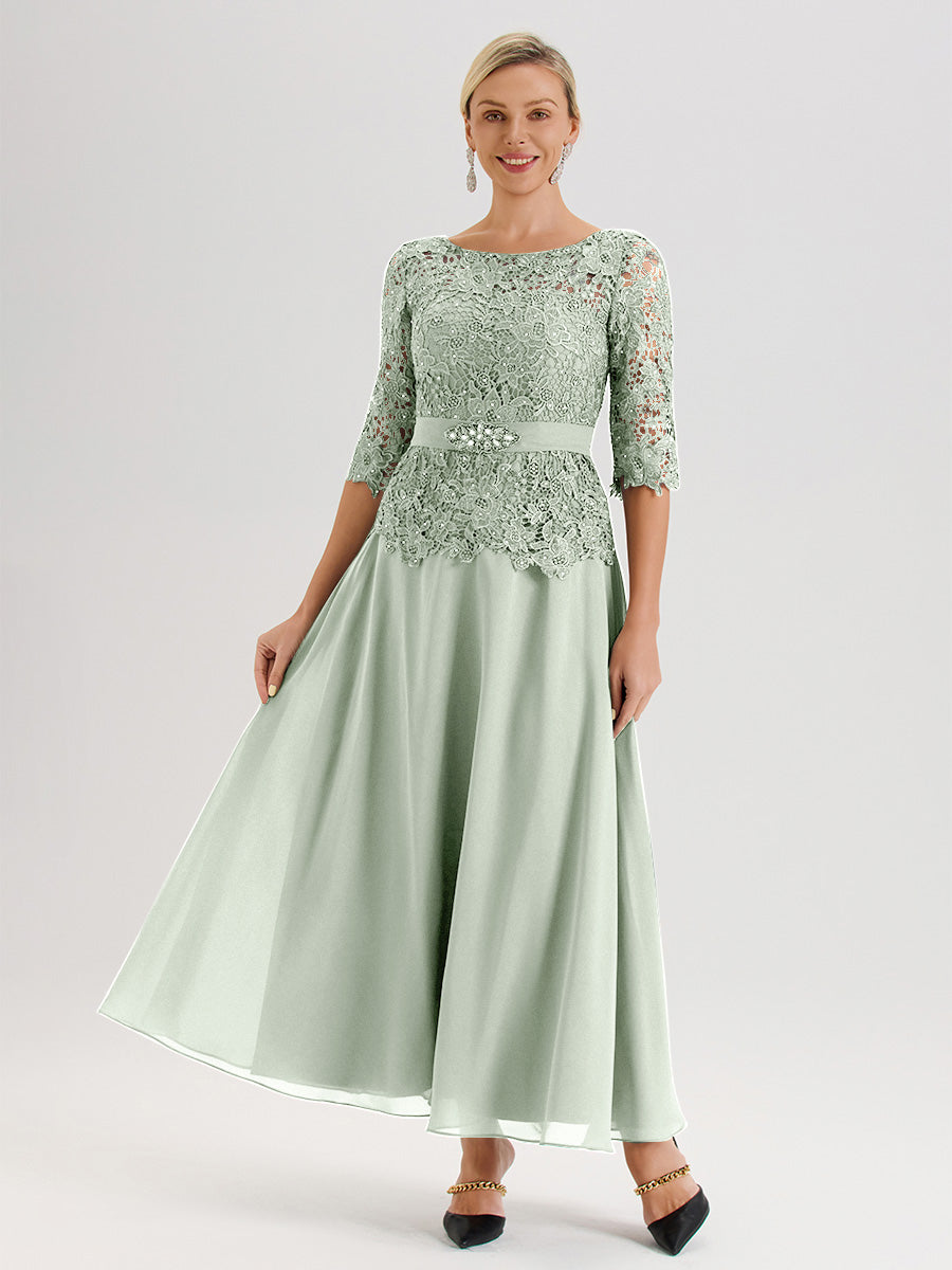 Cicinia Robe Mère De La Mariée Celadon Longueur À La Cheville Col Rond Demi Manche En Mousseline Dentelle Trapèze