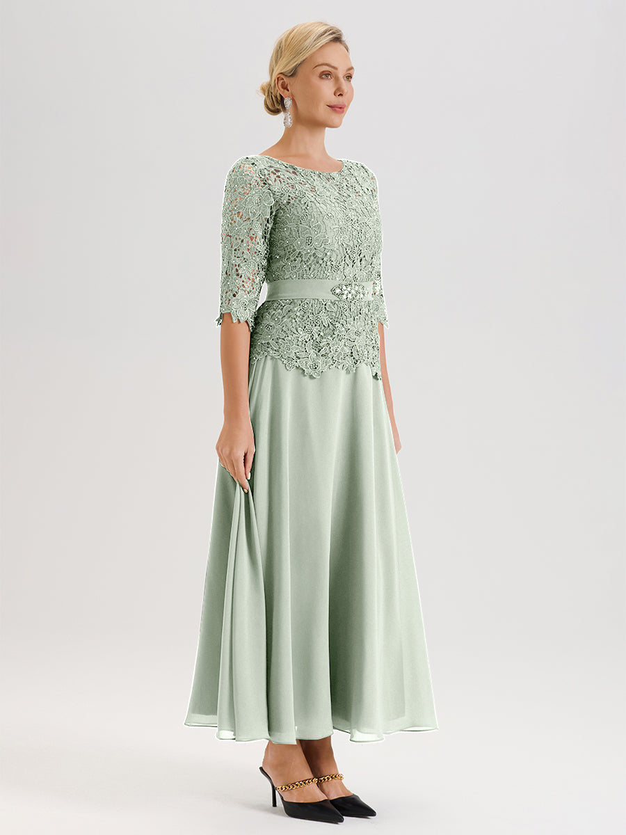 Cicinia Robe Mère De La Mariée Celadon Longueur À La Cheville Col Rond Demi Manche En Mousseline Dentelle Trapèze