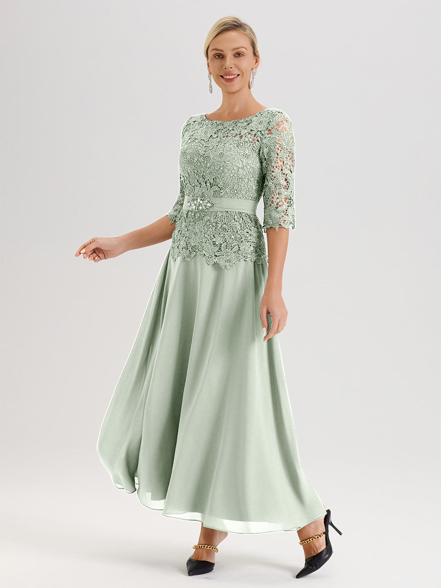 Cicinia Robe Mère De La Mariée Celadon Longueur À La Cheville Col Rond Demi Manche En Mousseline Dentelle Trapèze