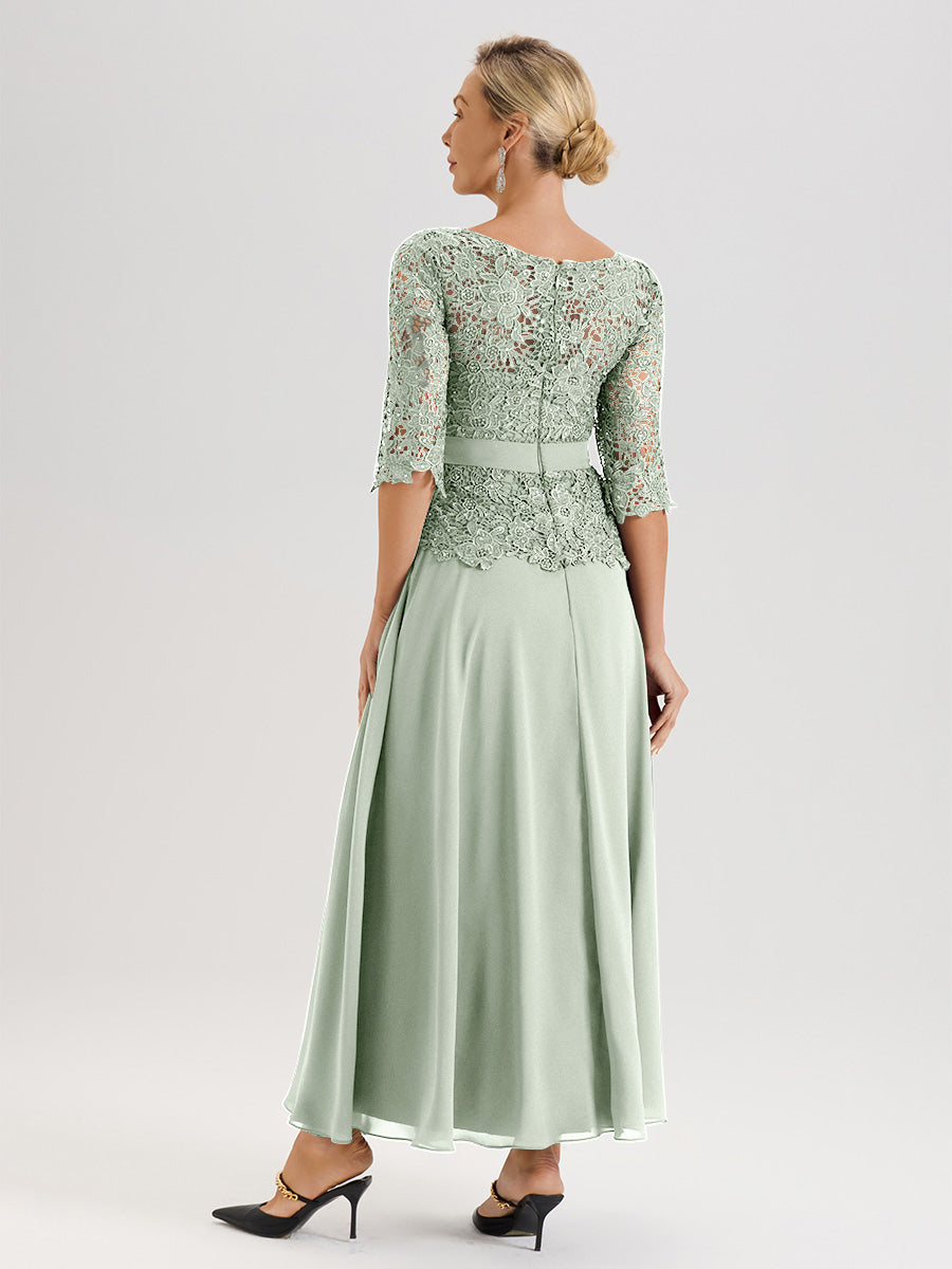 Cicinia Robe Mère De La Mariée Celadon Longueur À La Cheville Col Rond Demi Manche En Mousseline Dentelle Trapèze