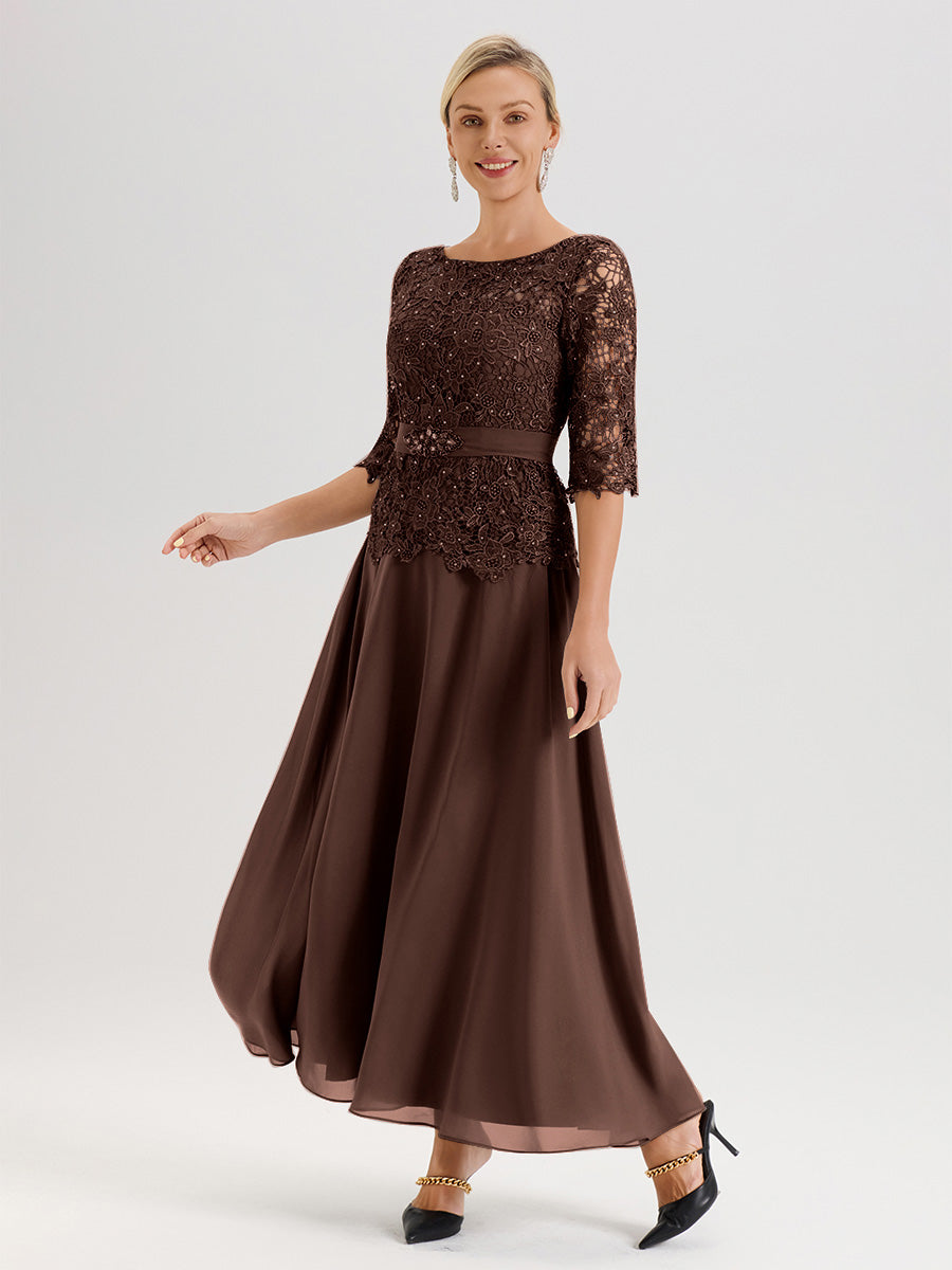 Cicinia Robe Mère De La Mariée Marron Chocolat Longueur À La Cheville Col Rond Demi Manche En Mousseline Dentelle Trapèze