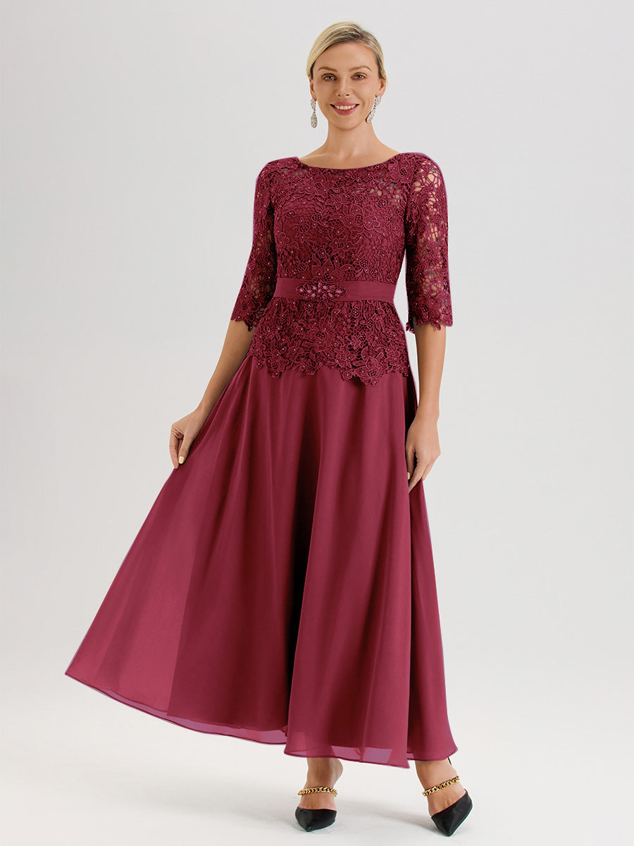 Cicinia Robe Mère De La Mariée Couleur Rose Cannelle Longueur À La Cheville Col Rond Demi Manche En Mousseline Dentelle Trapèze