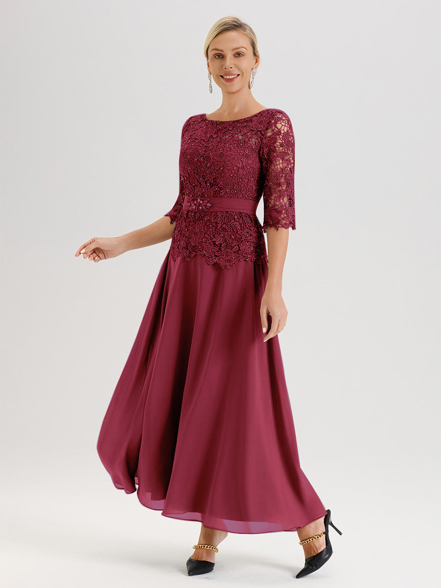 Cicinia Robe Mère De La Mariée Couleur Rose Cannelle Longueur À La Cheville Col Rond Demi Manche En Mousseline Dentelle Trapèze