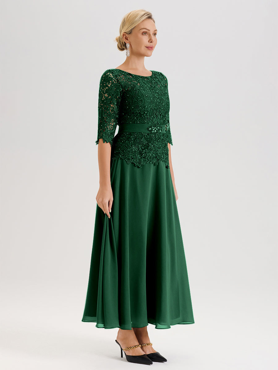 Cicinia Robe Mère De La Mariée Vert Foncé Longueur À La Cheville Col Rond Demi Manche En Mousseline Dentelle Trapèze