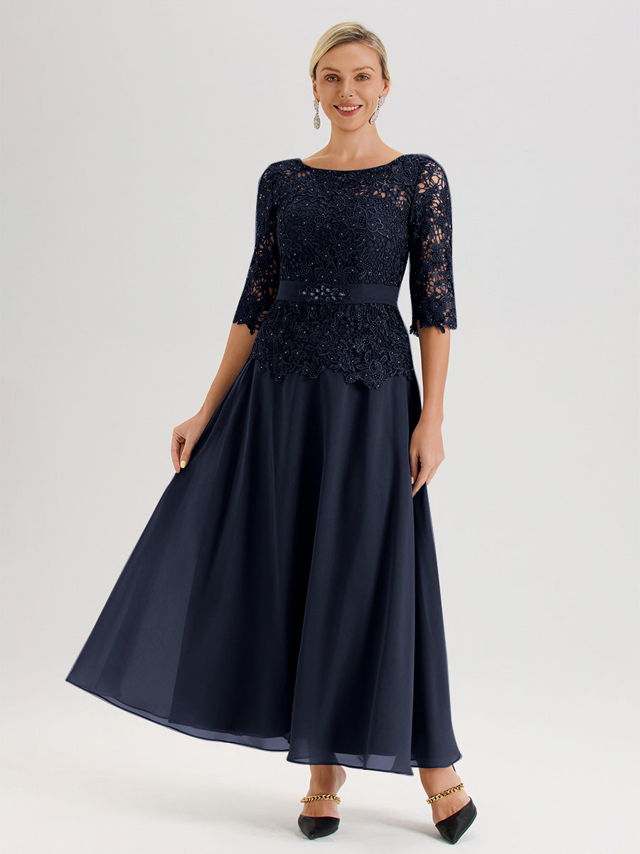 Cicinia Robe Mère De La Mariée Bleu Marine Longueur À La Cheville Col Rond Demi Manche En Mousseline Dentelle Trapèze