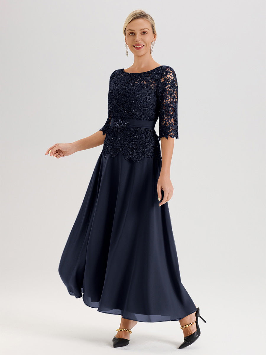 Cicinia Robe Mère De La Mariée Bleu Marine Longueur À La Cheville Col Rond Demi Manche En Mousseline Dentelle Trapèze