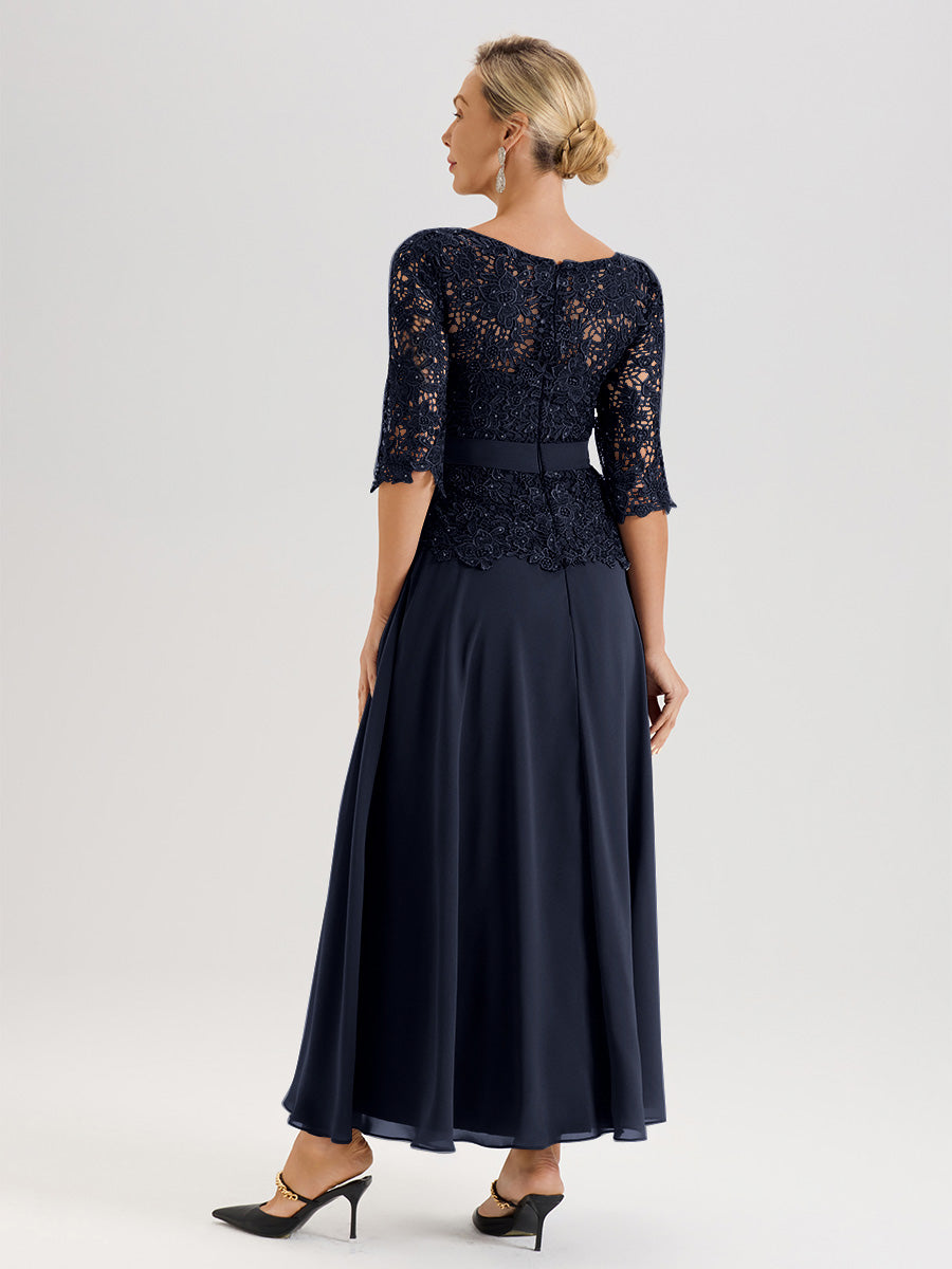 Cicinia Robe Mère De La Mariée Bleu Marine Longueur À La Cheville Col Rond Demi Manche En Mousseline Dentelle Trapèze