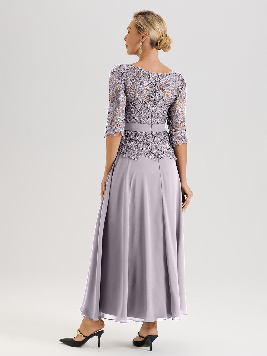 Cicinia Robe Mère De La Mariée Couleur Crépuscule Longueur À La Cheville Col Rond Demi Manche En Mousseline Dentelle Trapèze