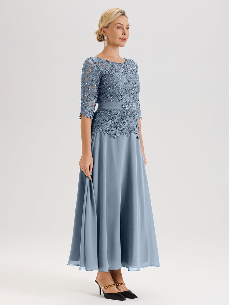 Cicinia Robe Mère De La Mariée Bleu Gris Longueur À La Cheville Col Rond Demi Manche En Mousseline Dentelle Trapèze