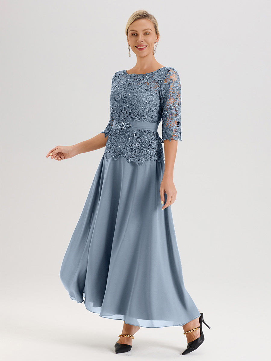 Cicinia Robe Mère De La Mariée Bleu Gris Longueur À La Cheville Col Rond Demi Manche En Mousseline Dentelle Trapèze