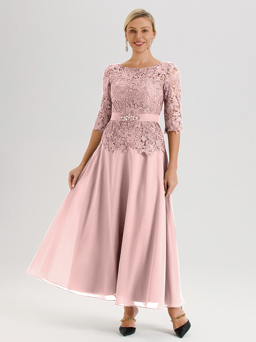 Cicinia Robe Mère De La Mariée Rose Poussiéreux Longueur À La Cheville Col Rond Demi Manche En Mousseline Dentelle Trapèze