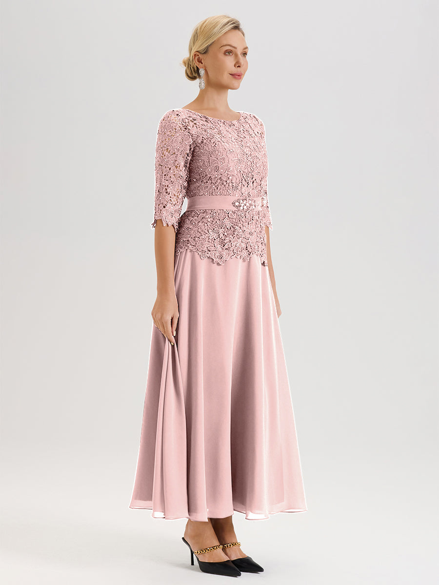Cicinia Robe Mère De La Mariée Rose Poussiéreux Longueur À La Cheville Col Rond Demi Manche En Mousseline Dentelle Trapèze