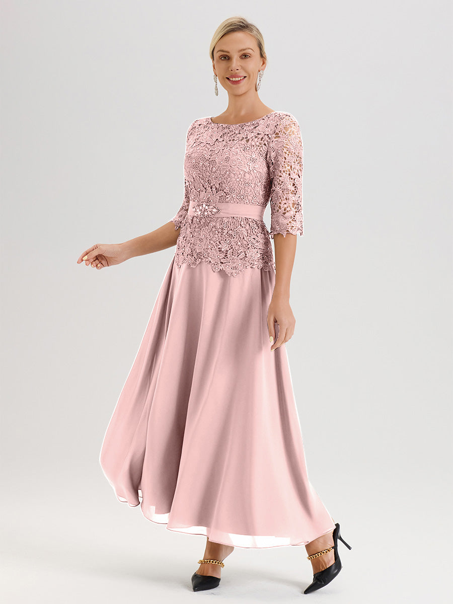 Cicinia Robe Mère De La Mariée Rose Poussiéreux Longueur À La Cheville Col Rond Demi Manche En Mousseline Dentelle Trapèze