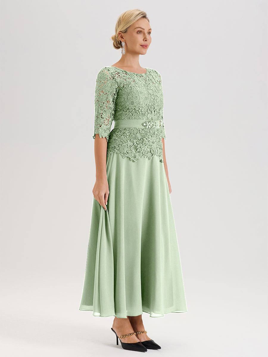 Cicinia Robe Mère De La Mariée Sauge Poussiéreux Longueur À La Cheville Col Rond Demi Manche En Mousseline Dentelle Trapèze