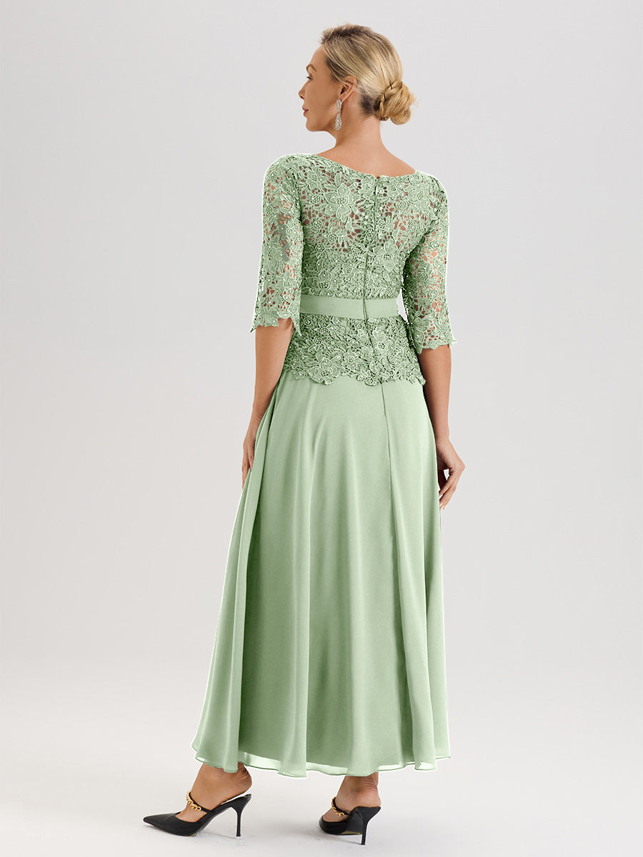 Cicinia Robe Mère De La Mariée Sauge Poussiéreux Longueur À La Cheville Col Rond Demi Manche En Mousseline Dentelle Trapèze