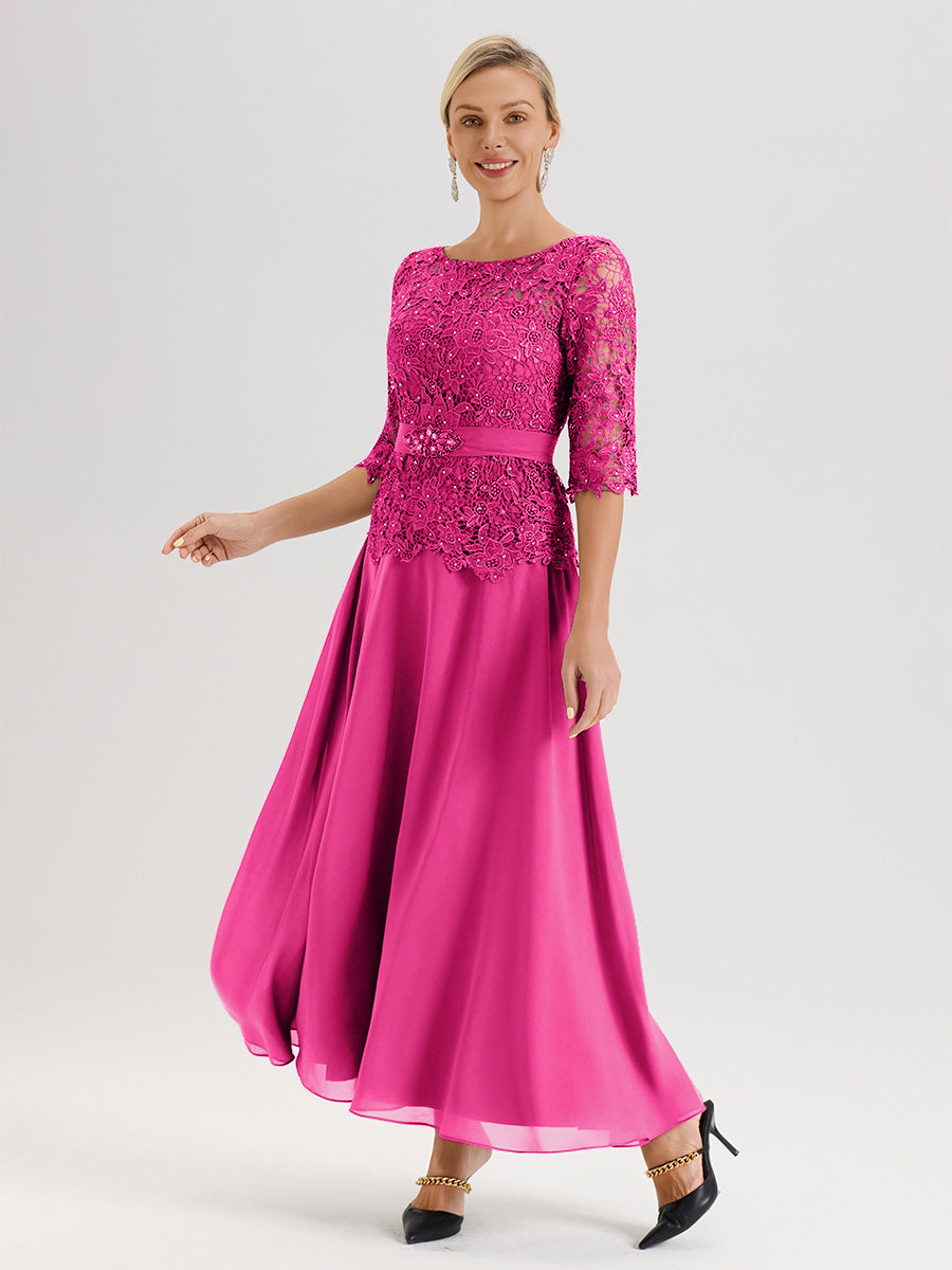 Cicinia Robe Mère De La Mariée Fuchsia Rose Longueur À La Cheville Col Rond Demi Manche En Mousseline Dentelle Trapèze