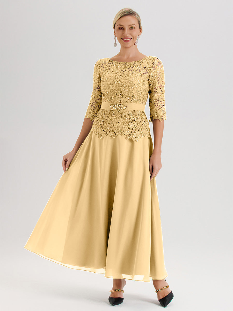 Cicinia Robe Mère De La Mariée Couleur Or Longueur À La Cheville Col Rond Demi Manche En Mousseline Dentelle Trapèze