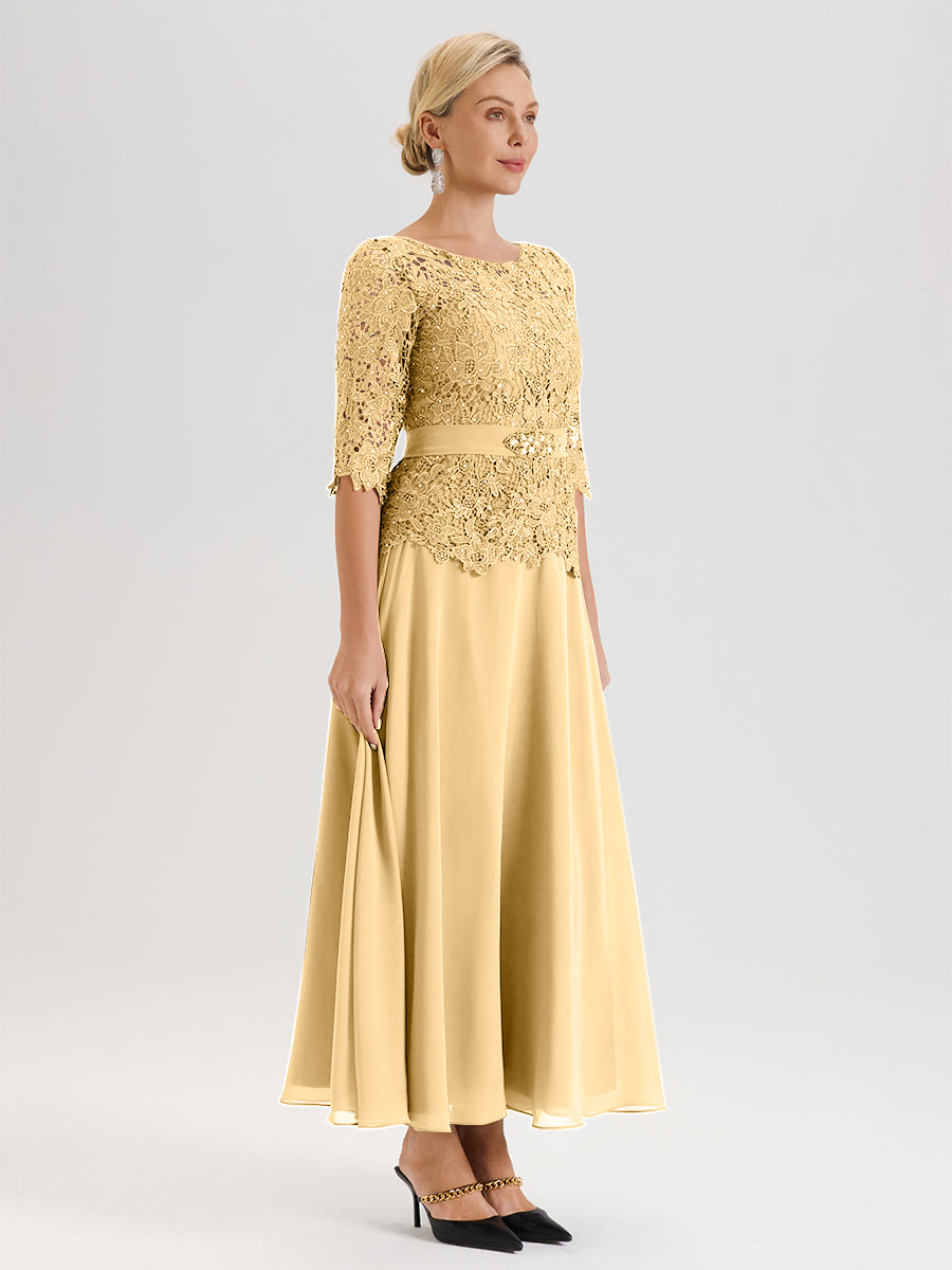 Cicinia Robe Mère De La Mariée Couleur Or Longueur À La Cheville Col Rond Demi Manche En Mousseline Dentelle Trapèze