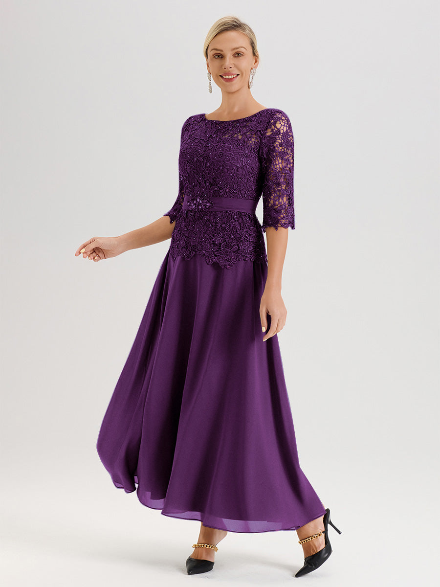 Cicinia Robe Mère De La Mariée En Raisin Longueur À La Cheville Col Rond Demi Manche En Mousseline Dentelle Trapèze