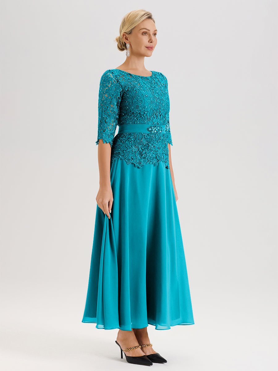 Cicinia Robe Mère De La Mariée Vert Jade Longueur À La Cheville Col Rond Demi Manche En Mousseline Dentelle Trapèze