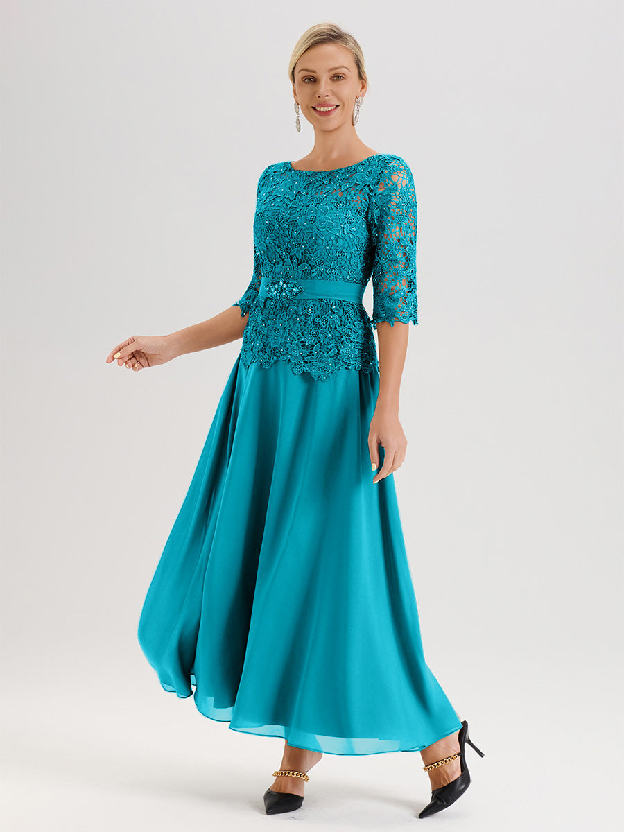 Cicinia Robe Mère De La Mariée Vert Jade Longueur À La Cheville Col Rond Demi Manche En Mousseline Dentelle Trapèze