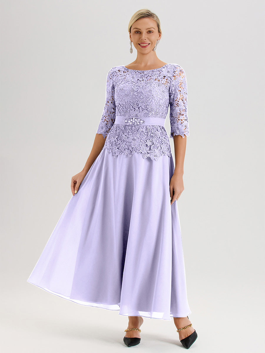 Cicinia Robe Mère De La Mariée Lilas Longueur À La Cheville Col Rond Demi Manche En Mousseline Dentelle Trapèze