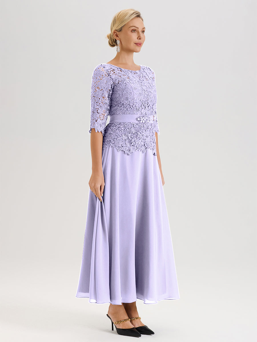 Cicinia Robe Mère De La Mariée Lilas Longueur À La Cheville Col Rond Demi Manche En Mousseline Dentelle Trapèze