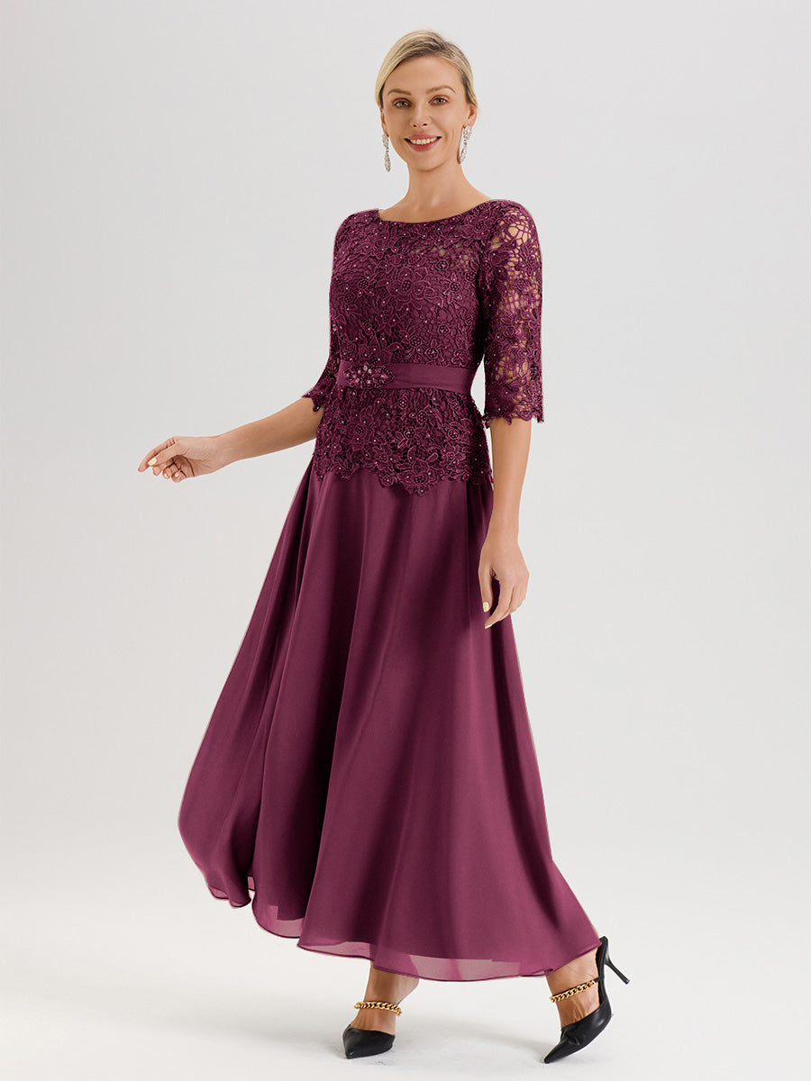 Cicinia Robe Mère De La Mariée Mûre Longueur À La Cheville Col Rond Demi Manche En Mousseline Dentelle Trapèze