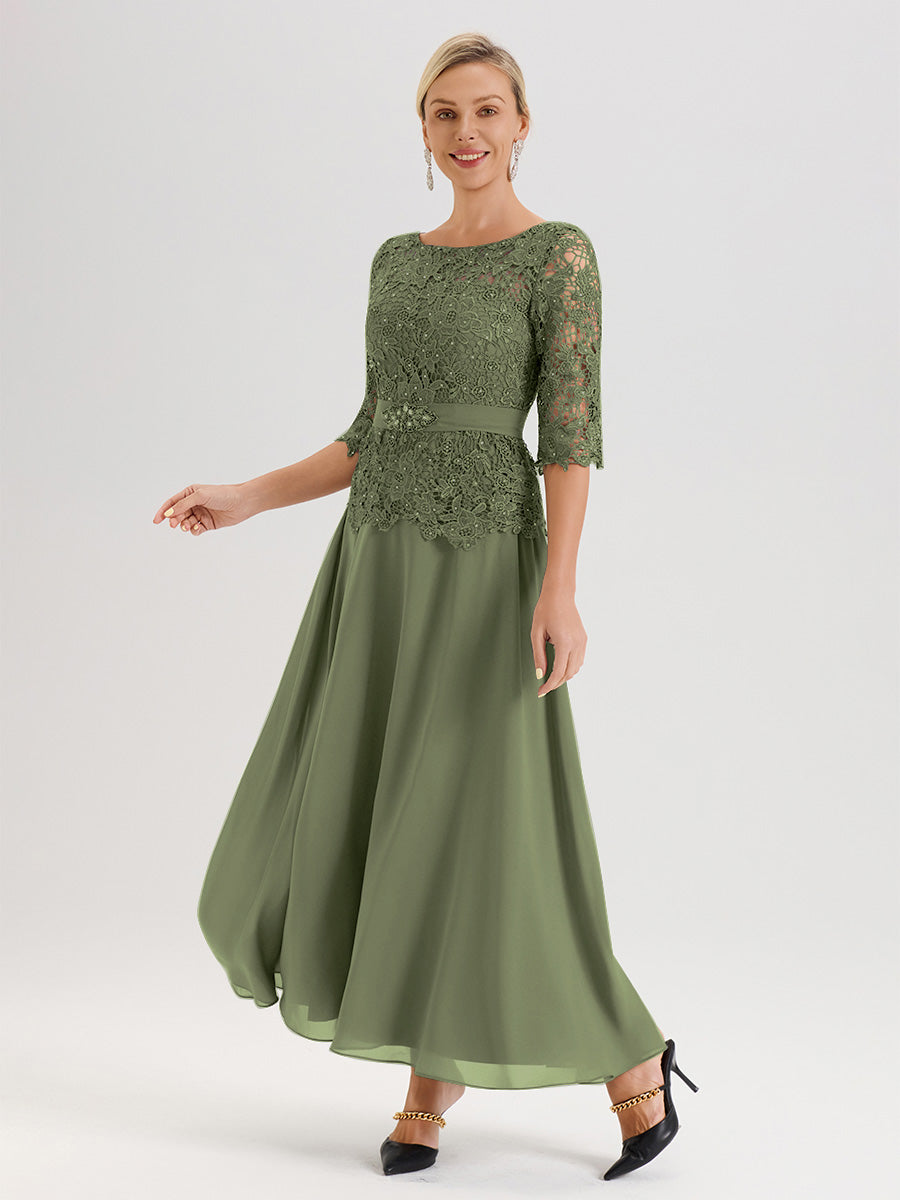 Cicinia Robe Mère De La Mariée Olive Longueur À La Cheville Col Rond Demi Manche En Mousseline Dentelle Trapèze