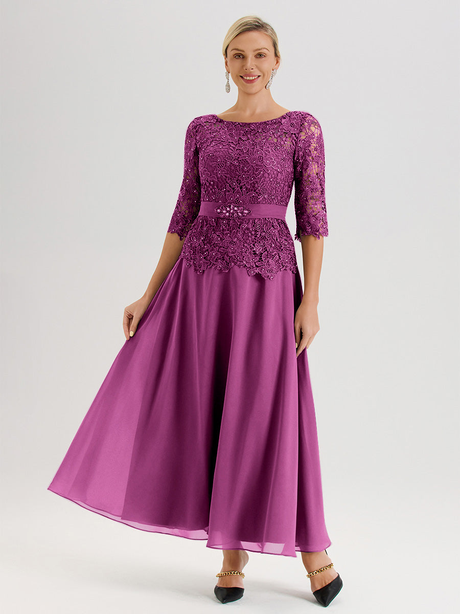 Cicinia Robe Mère De La Mariée Orchidée Longueur À La Cheville Col Rond Demi Manche En Mousseline Dentelle Trapèze