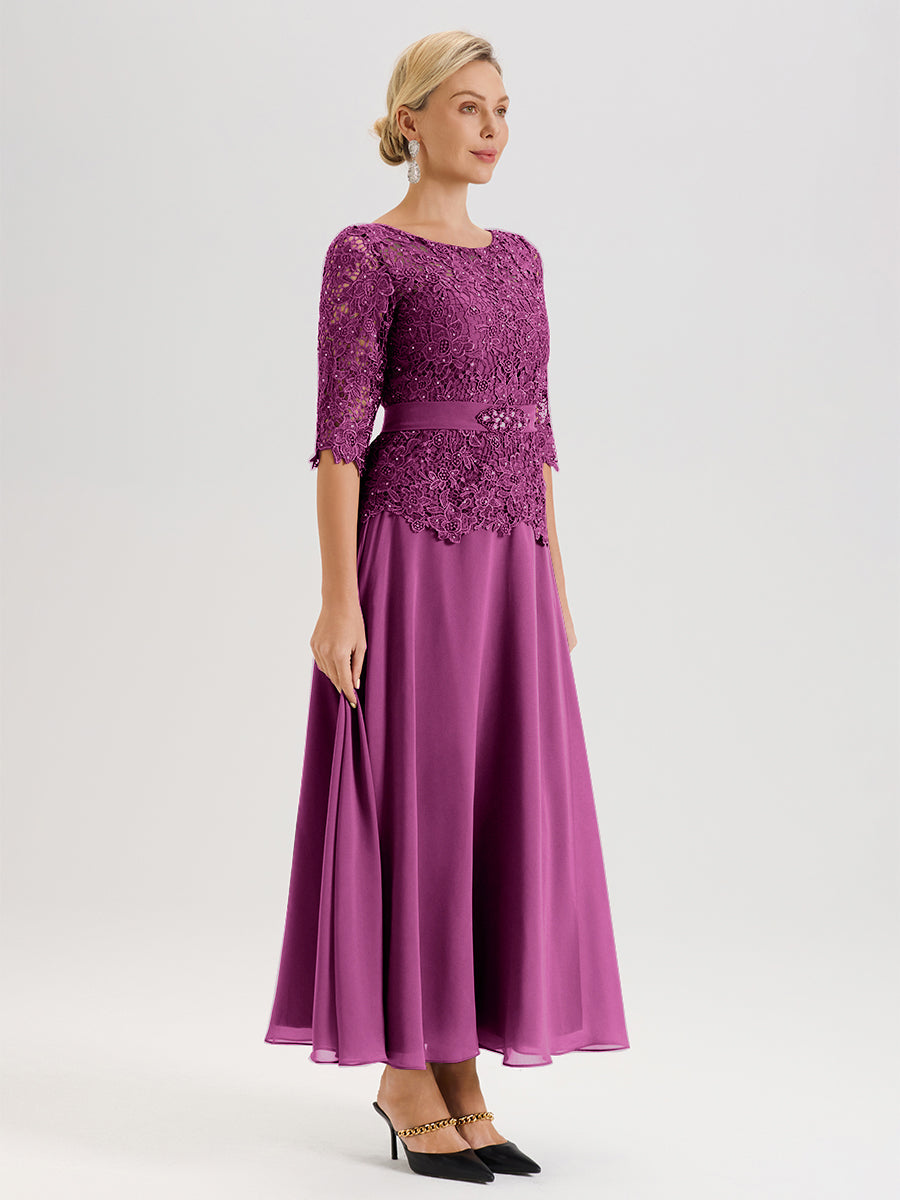 Cicinia Robe Mère De La Mariée Orchidée Longueur À La Cheville Col Rond Demi Manche En Mousseline Dentelle Trapèze
