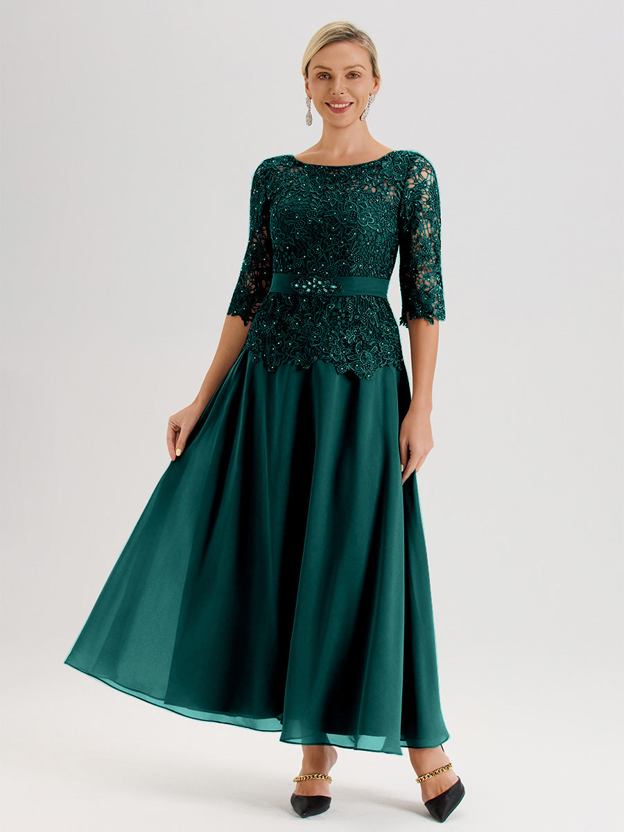 Cicinia Robe Mère De La Mariée Paon Longueur À La Cheville Col Rond Demi Manche En Mousseline Dentelle Trapèze