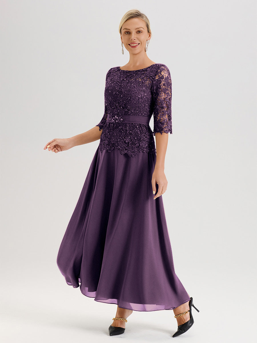 Cicinia Robe Mère De La Mariée En Plum Longueur À La Cheville Col Rond Demi Manche En Mousseline Dentelle Trapèze