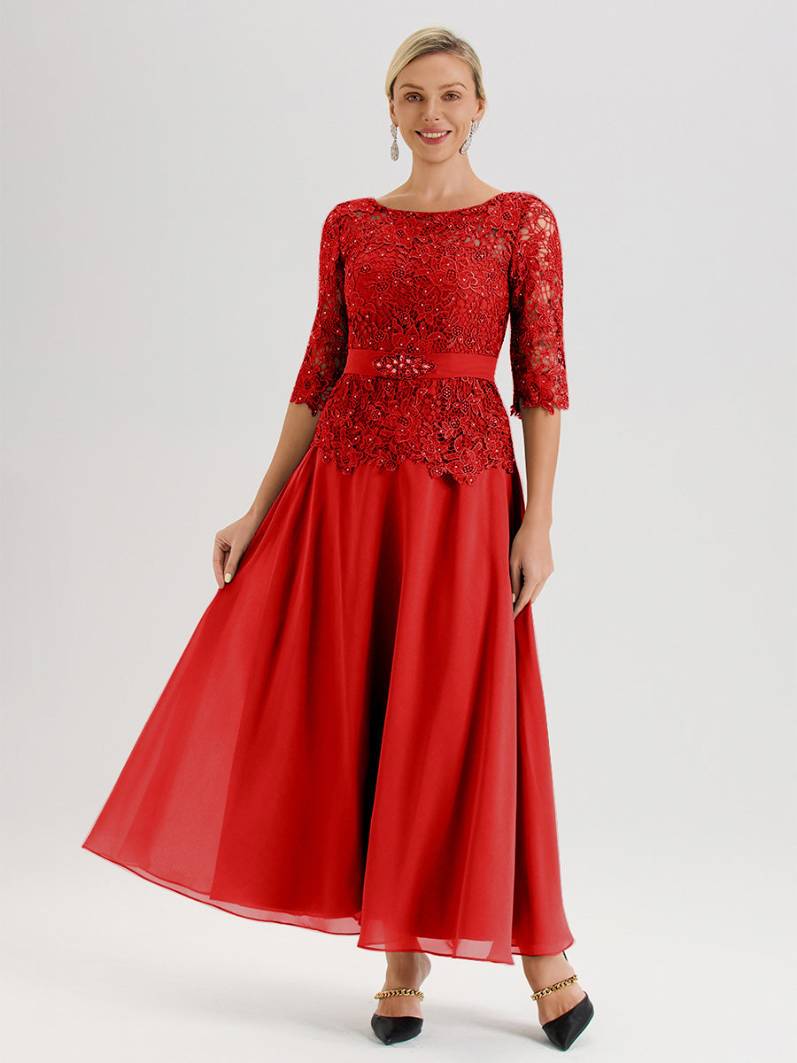 Cicinia Robe Mère De La Mariée Rouge Longueur À La Cheville Col Rond Demi Manche En Mousseline Dentelle Trapèze