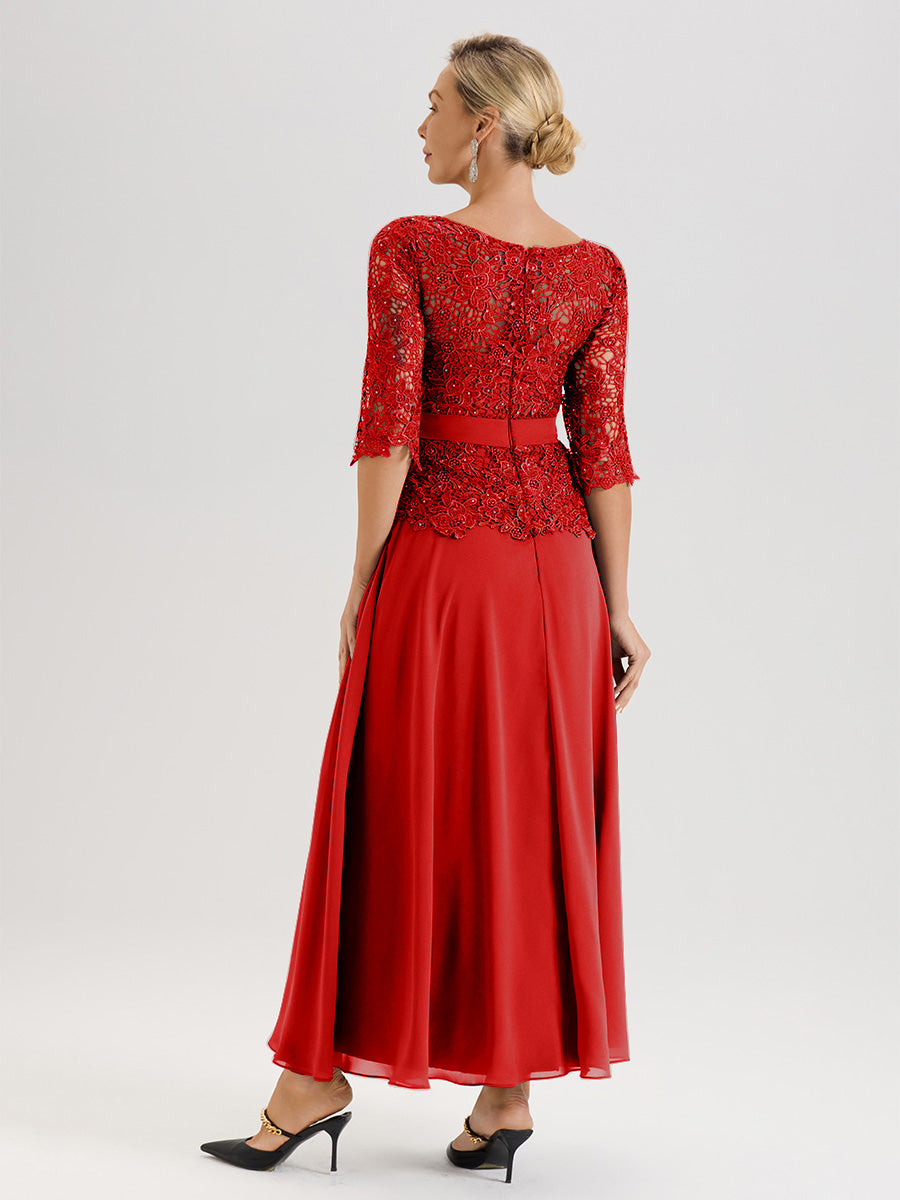 Cicinia Robe Mère De La Mariée Rouge Longueur À La Cheville Col Rond Demi Manche En Mousseline Dentelle Trapèze