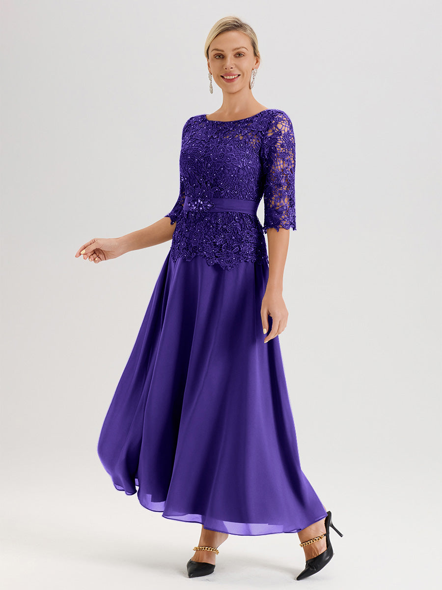 Cicinia Robe Mère De La Mariée En Régence Longueur À La Cheville Col Rond Demi Manche En Mousseline Dentelle Trapèze