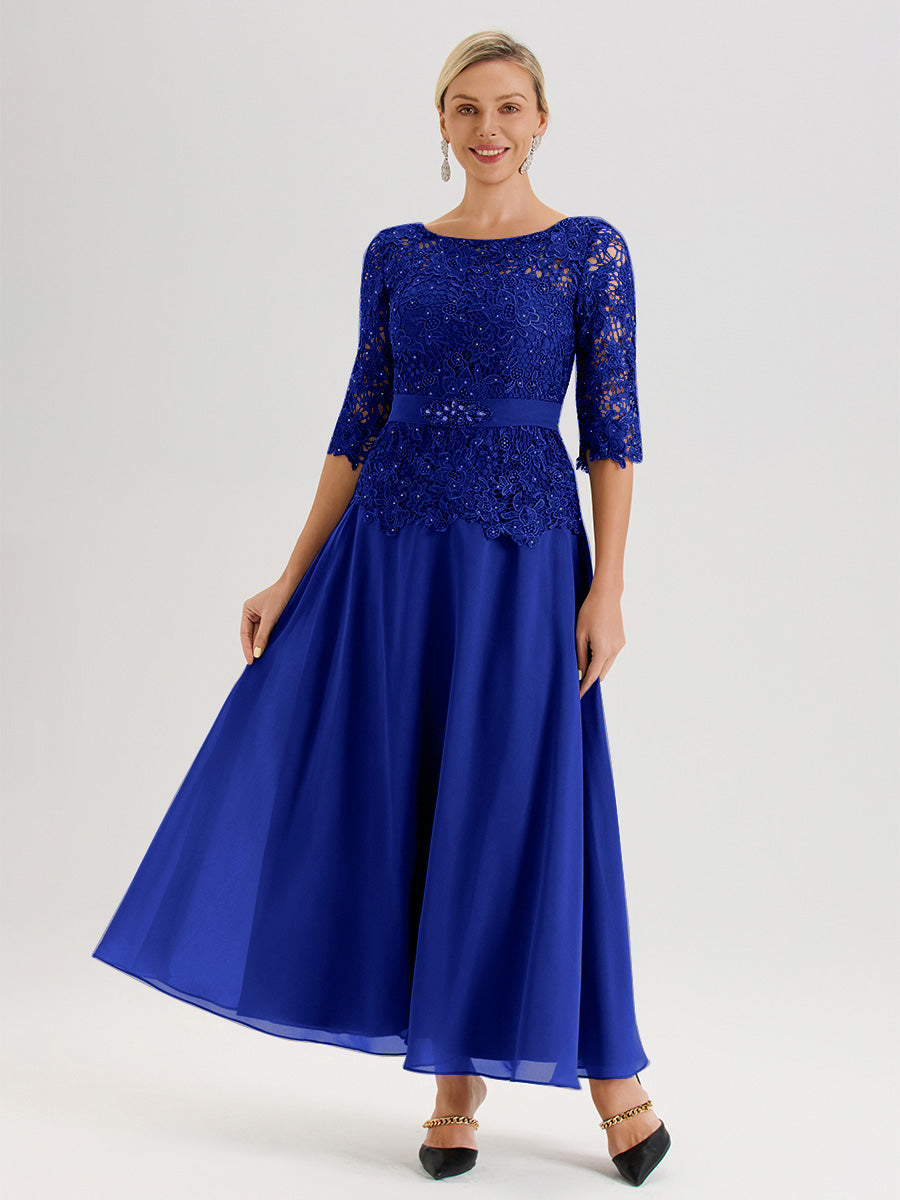 Cicinia Robe Mère De La Mariée Bleu Royal Longueur À La Cheville Col Rond Demi Manche En Mousseline Dentelle Trapèze