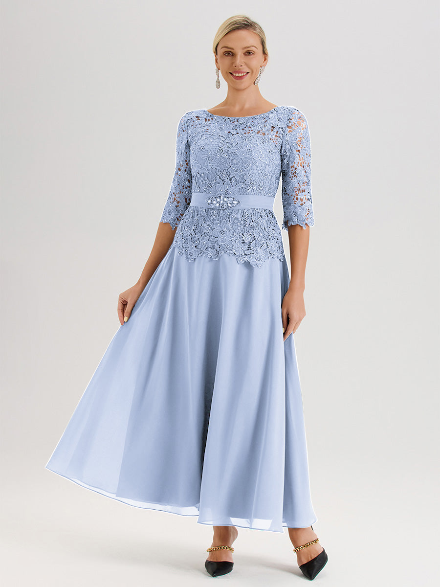 Cicinia Robe Mère De La Mariée Bleu Ciel Longueur À La Cheville Col Rond Demi Manche En Mousseline Dentelle Trapèze