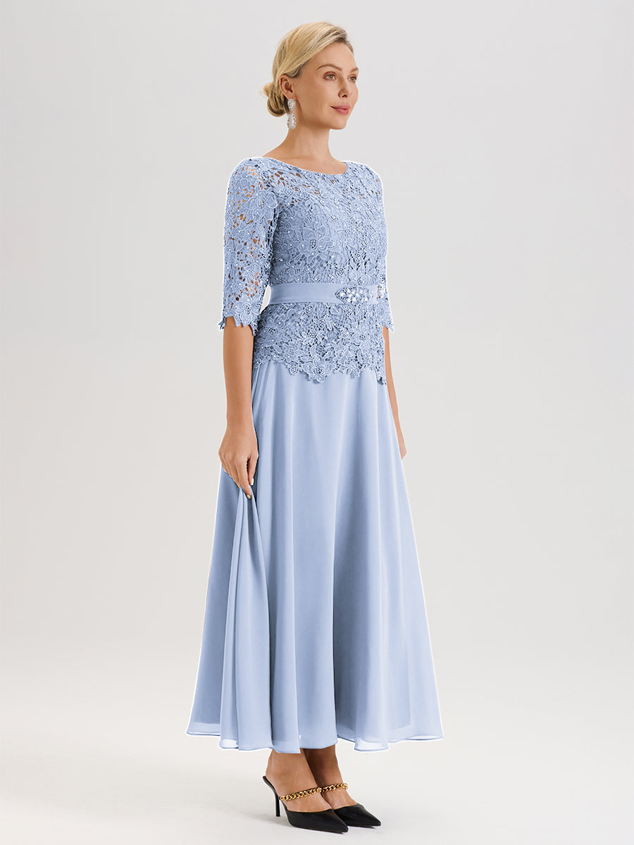 Cicinia Robe Mère De La Mariée Bleu Ciel Longueur À La Cheville Col Rond Demi Manche En Mousseline Dentelle Trapèze