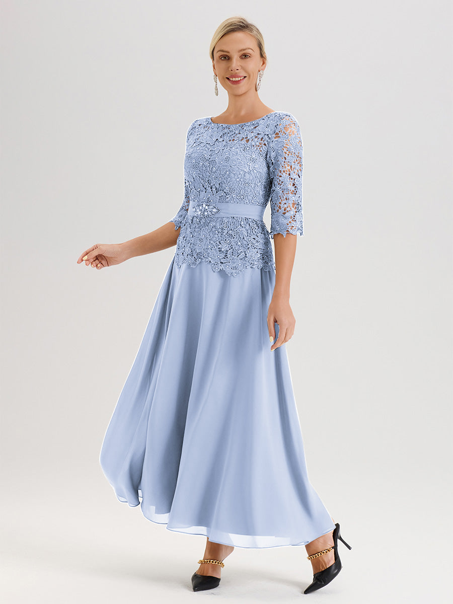 Cicinia Robe Mère De La Mariée Bleu Ciel Longueur À La Cheville Col Rond Demi Manche En Mousseline Dentelle Trapèze