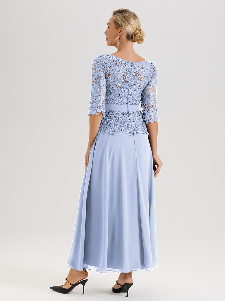 Cicinia Robe Mère De La Mariée Bleu Ciel Longueur À La Cheville Col Rond Demi Manche En Mousseline Dentelle Trapèze